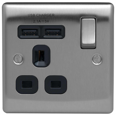 BG NBS21U2B Switched Single Socket 1G USB 13A Black Insert