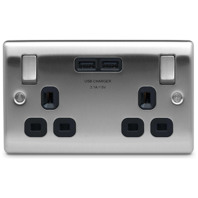 BG NBS22U3B Switched Double Socket 2G USB 13A Black Insert