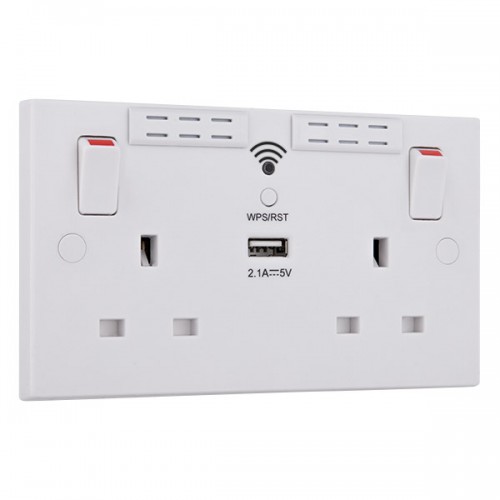 BG Double Socket with WiFi Range Extender and USB Charger White Square