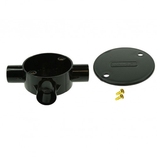 Univolt Black Tee Conduit Junction Box 20mm Including Lid & Screws
