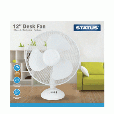 Status S12DESKFAN1PKB Oscillating White Desk Fan 12in