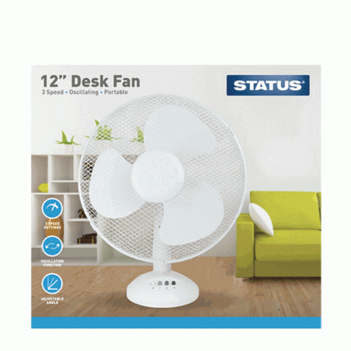 Status S12DESKFAN1PKB Oscillating White Desk Fan 12in