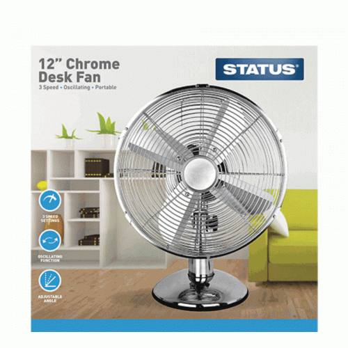 Status S12CDESKFAN1PKB Oscillating Chrome Metal Desk Fan 12in