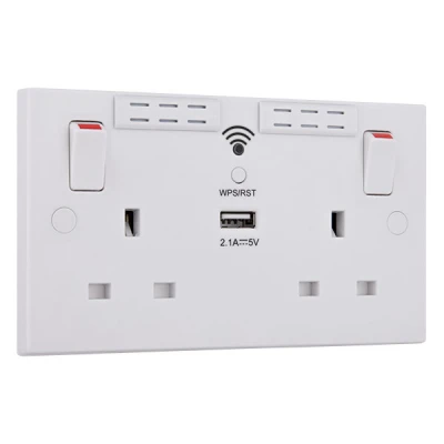 BG Double Socket with WiFi Range Extender and USB Charger White Square