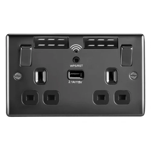 BG Nexus Black Nickel Double Socket Wifi Repeater & USB - NBN22UWRB