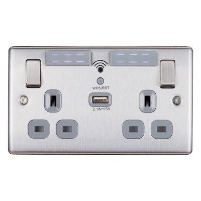 BG Nexus Brushed Steel Double Socket Wifi Repeater & USB - NBS22UWRG