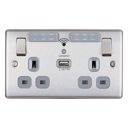 BG Nexus Brushed Steel Double Socket Wifi Repeater & USB - NBS22UWRG
