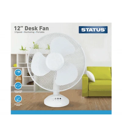 Status S12DESKFAN1PKB Oscillating White Desk Fan 12in